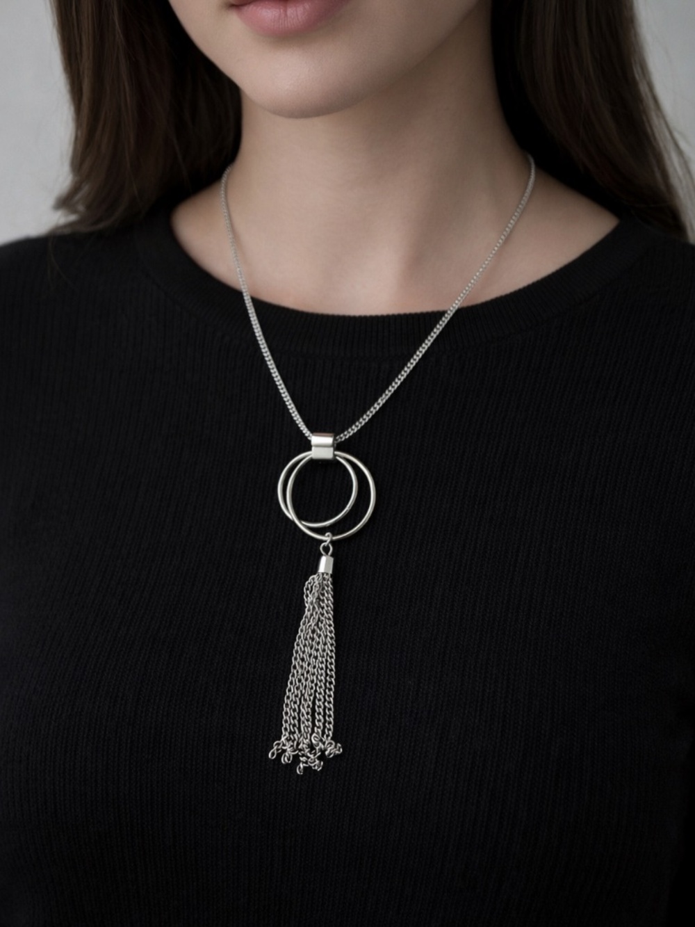 Silvertone Double-Ring Tassel Pendant Necklace 26”